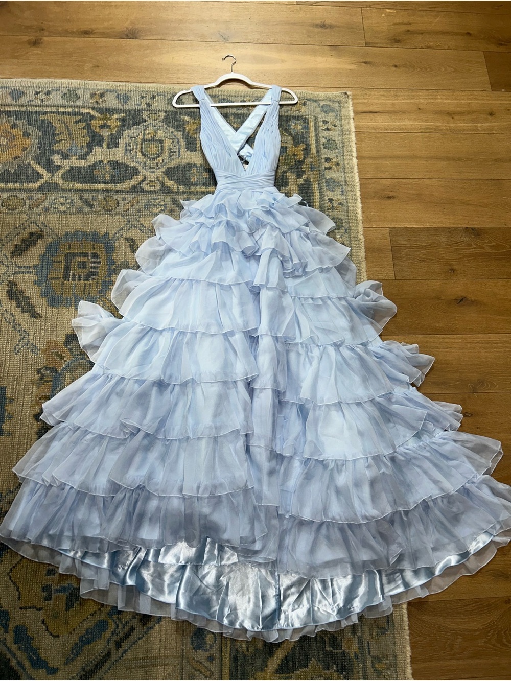 Mac Duggal Light Blue Tiered Ruffle Maxi Dress